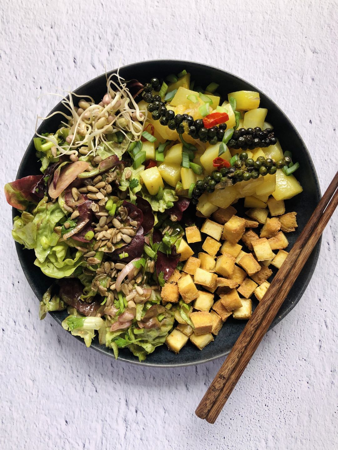 Plate with tofu, salad, Kampot fresh pepper, seeds, potatoes, mungo sprouts, seeds... by Don't tell my sisters